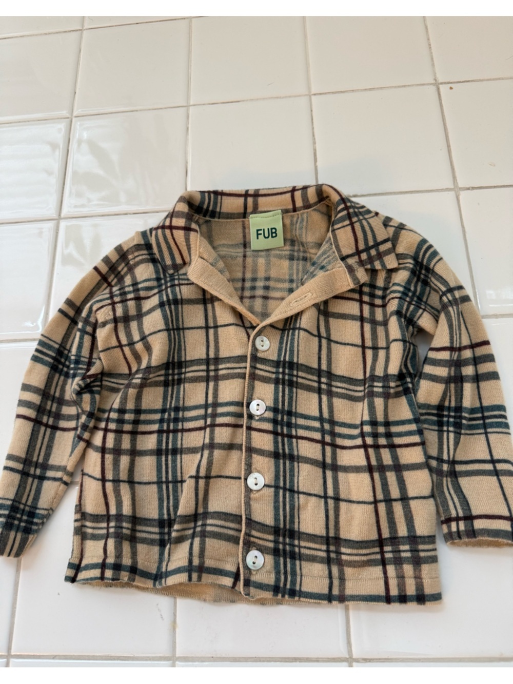 Fub 100% Wool Beige Plaid Button-Up Boys Sweater/shirt